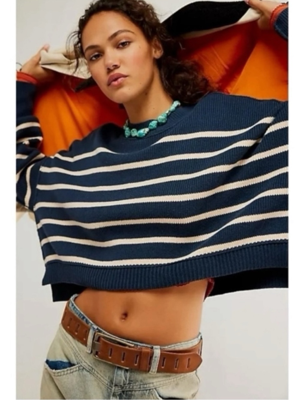 Free People Easy Street Stripe Crop Pullover Size Large NWT Navy Preppy Coastal